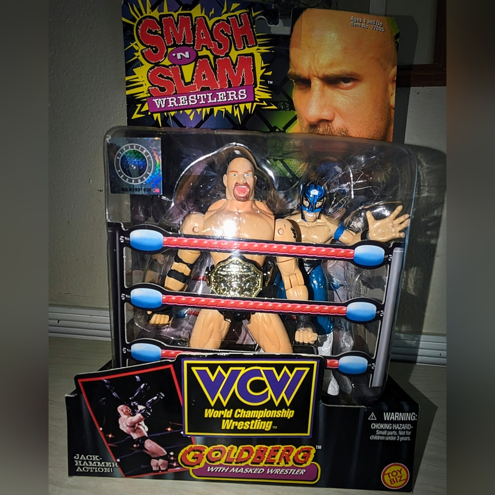 NEW Very RARE,  Goldberg Action Figure With BLUE Masked Wrestler Smash 'N Slam